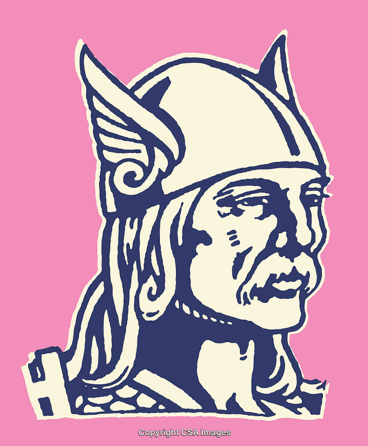 Graphic Illustration of a Helm Wearing Figure in Bold Color Scheme