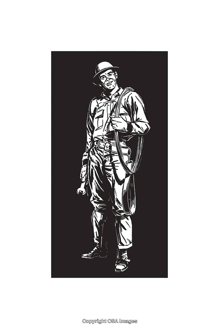Black and White Illustration of a Worker Holding Equipment in Hand