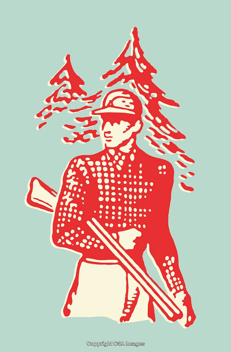 Vintage Illustration of a Man Holding a Rifle in a Forest Scene
