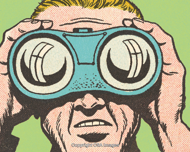 Pop Art Illustration of a Person Observing Through Binoculars on Coloful Background