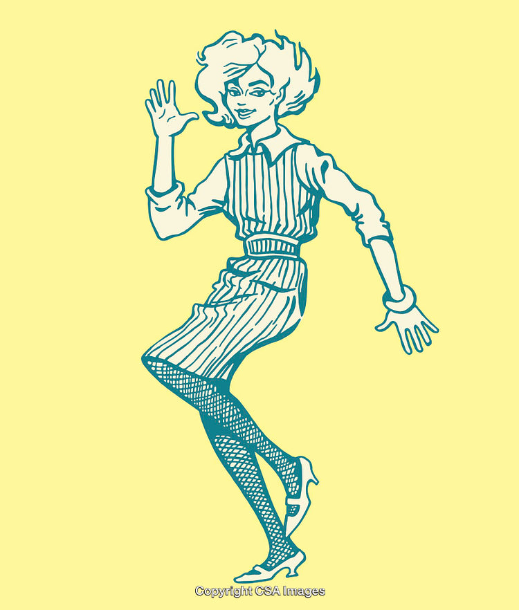 Retro Styled Dancing Woman Line Art Illustration on Yellow Background