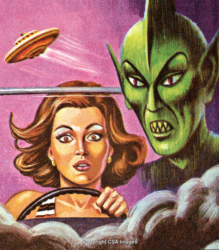 Retro Alien Encounter Scene With Frightened Driver and Mysterious UFO in Background