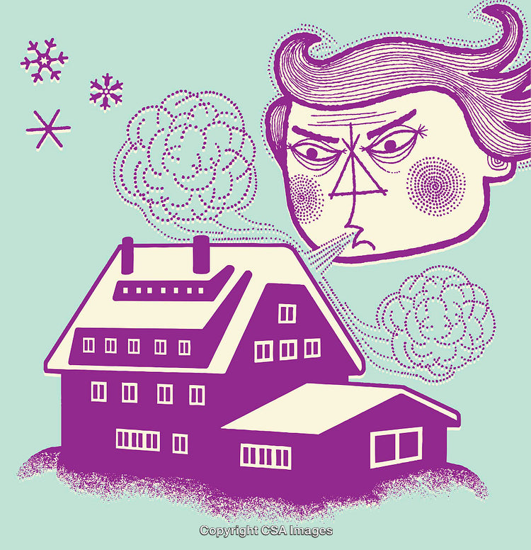 Whimsical Winter Scene with House and Symbolic Cold Wind Head