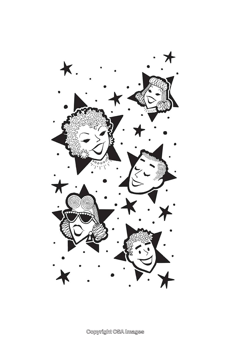 Black And White Whimsical Line Art Illustrations of Happy Faces and Stars