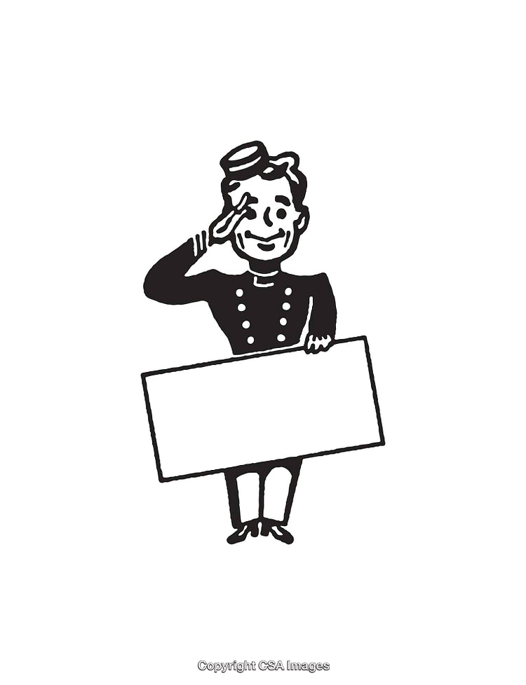 Black and White Line Art Illustration of a Smiling Bellboy Saluting