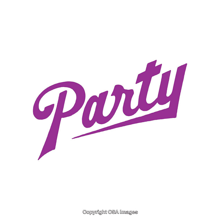 Purple Calligraphy of the Word 'Party' on a White Background