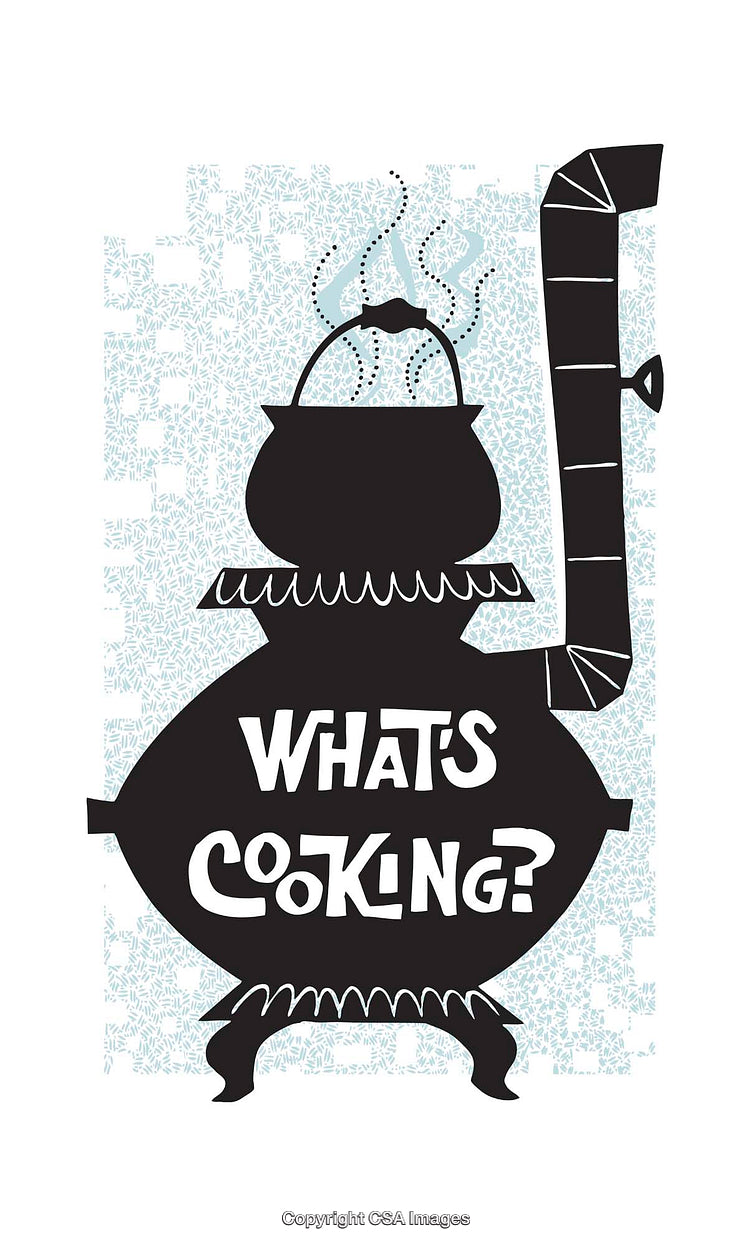 Creative Illustration of a Steaming Pot with Text 'What's Cooking?
