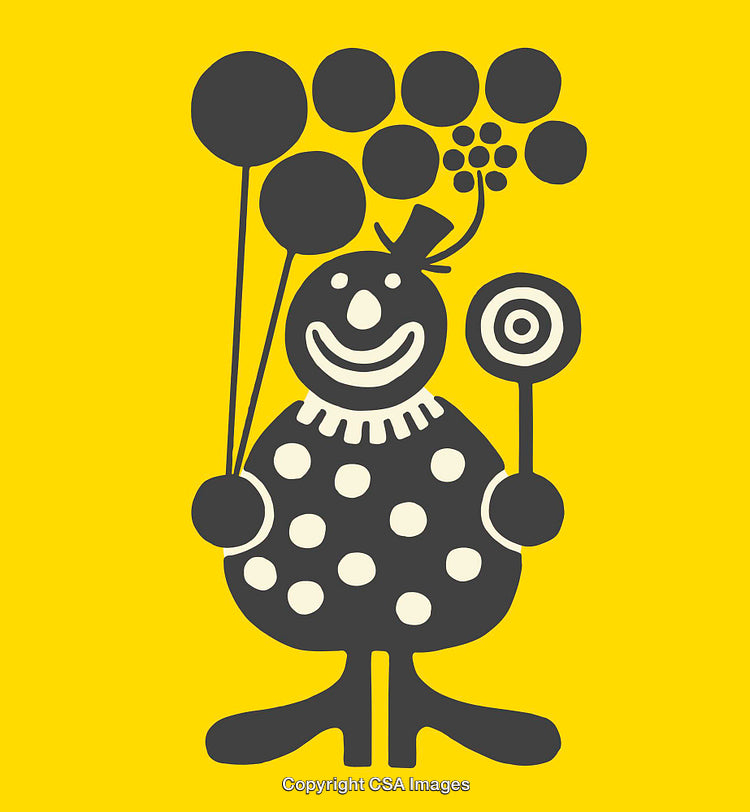 Playful Clown Illustration Holding Balloons and Lollipop with Yellow Background