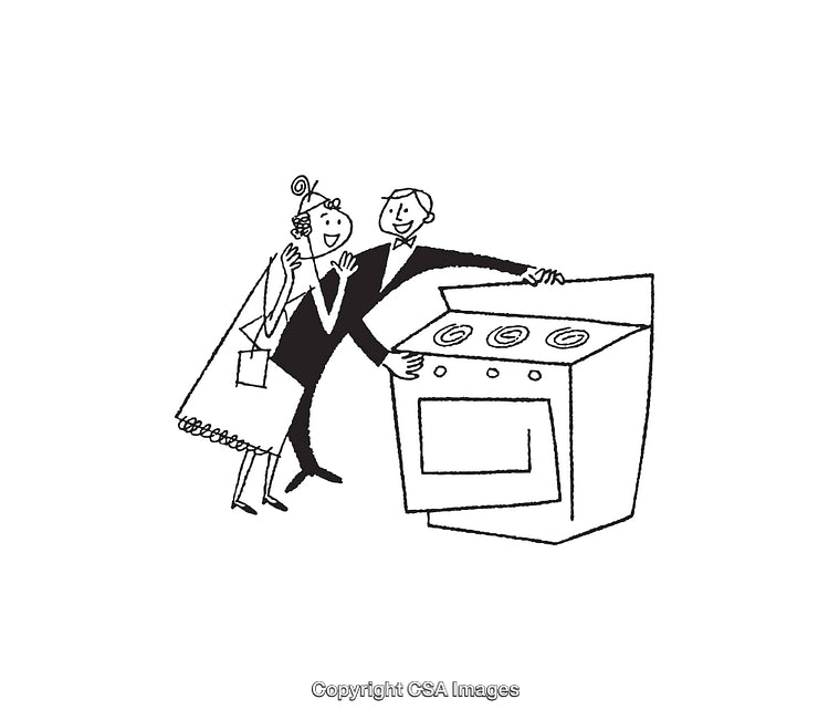 Vintage Line Art of Couple Interacting with a New Oven