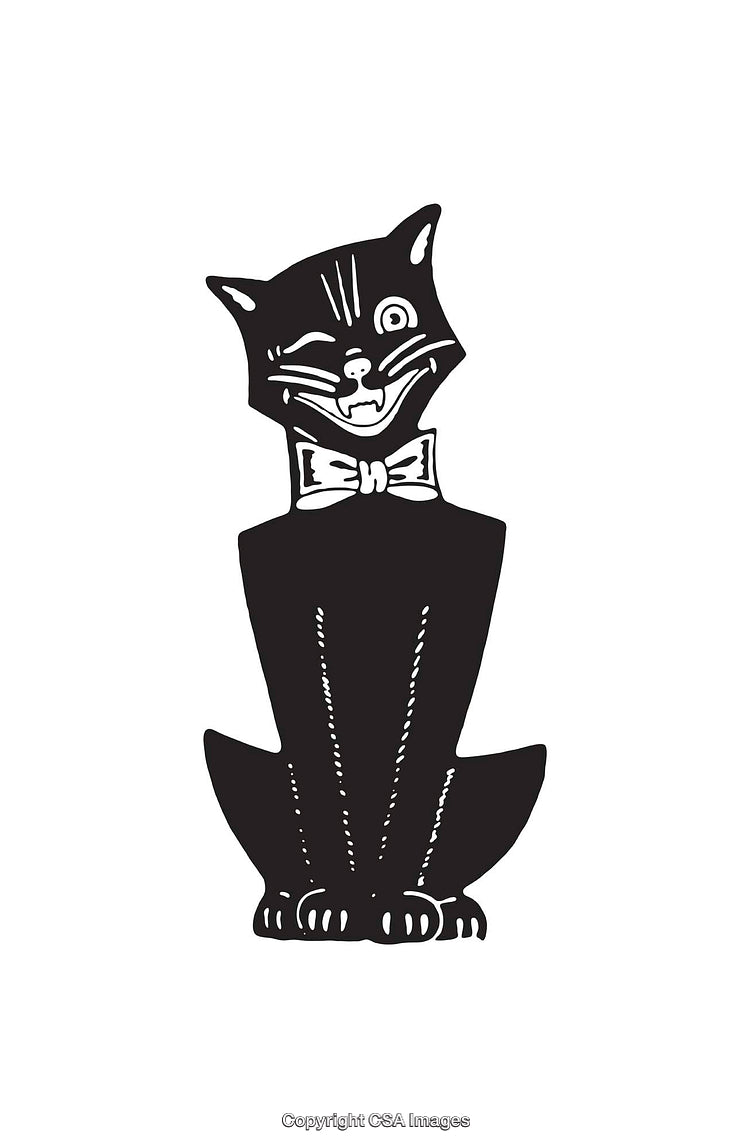 Black and White Line Art of Winking Cat Wearing a Bow Tie