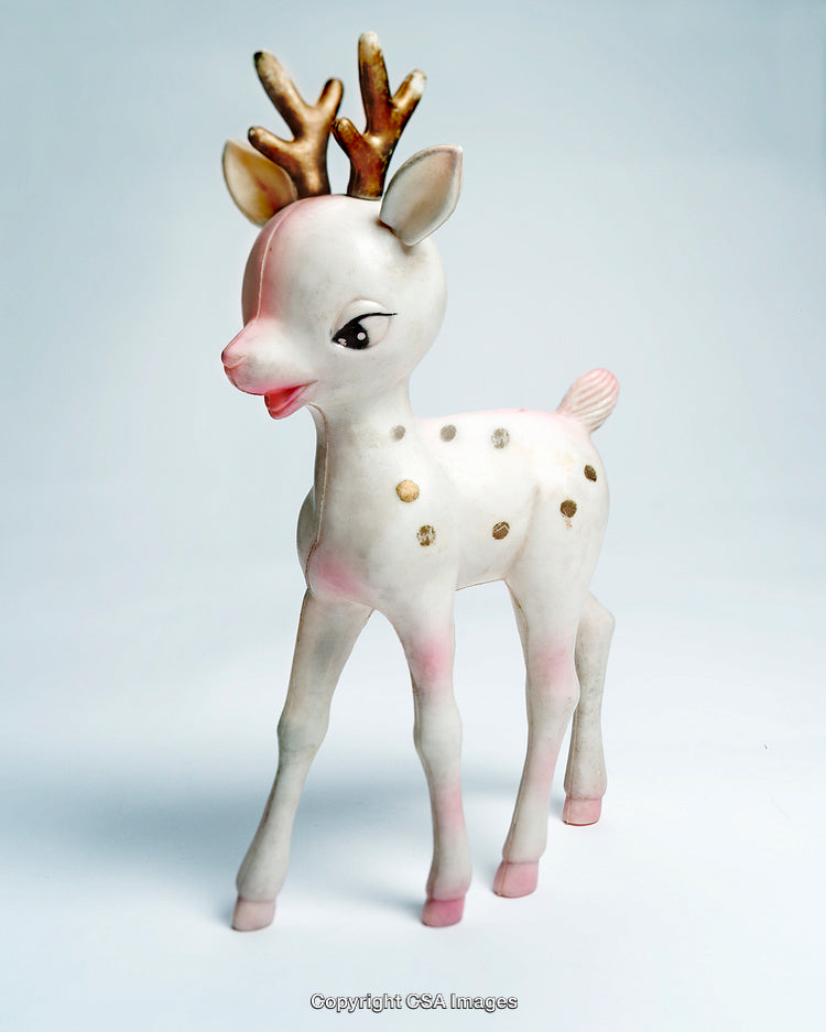 Adorable Plastic Reindeer Figurine with Golden Antlers and Spotted Design