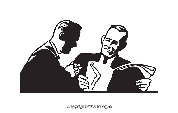 Two Businessmen Smiling During a Discussion in Black and White Line Art