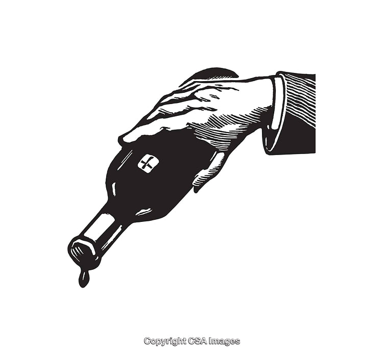Vintage Black and White Illustration of a Hand Pouring Liquid from a Bottle
