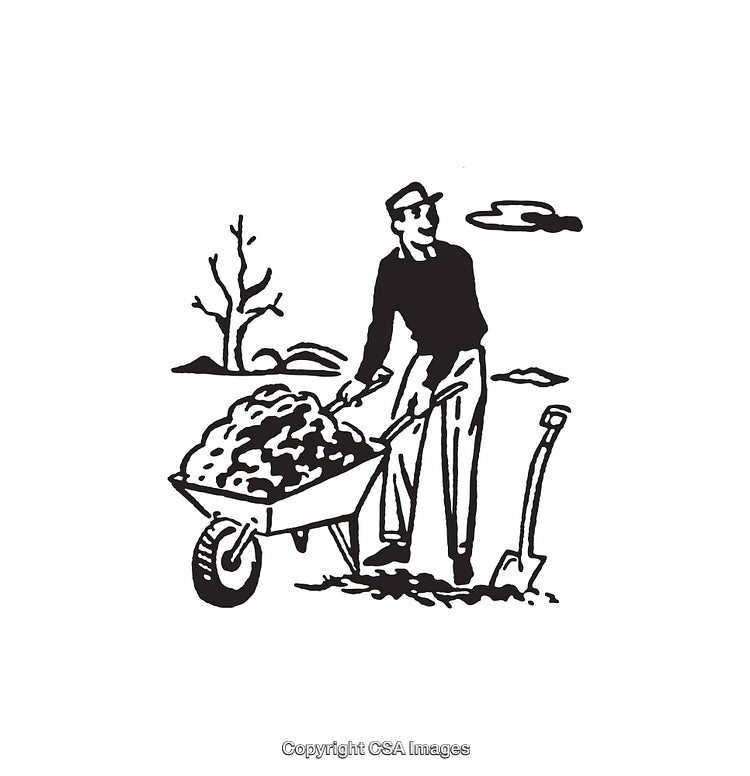 Vintage Style Black and White Illustration of a Worker With a Wheelbarrow