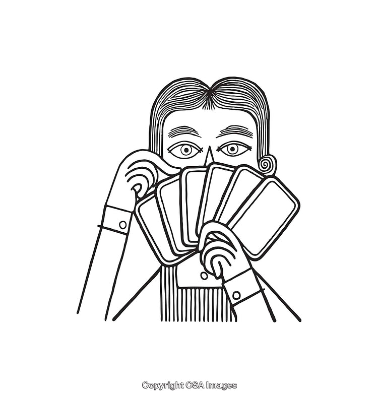 Black and White Line Art of a Person Holding Cards