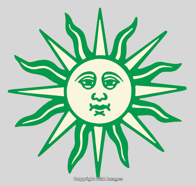 Green and Beige Sun Illustration in Line Art Design on Grey Background