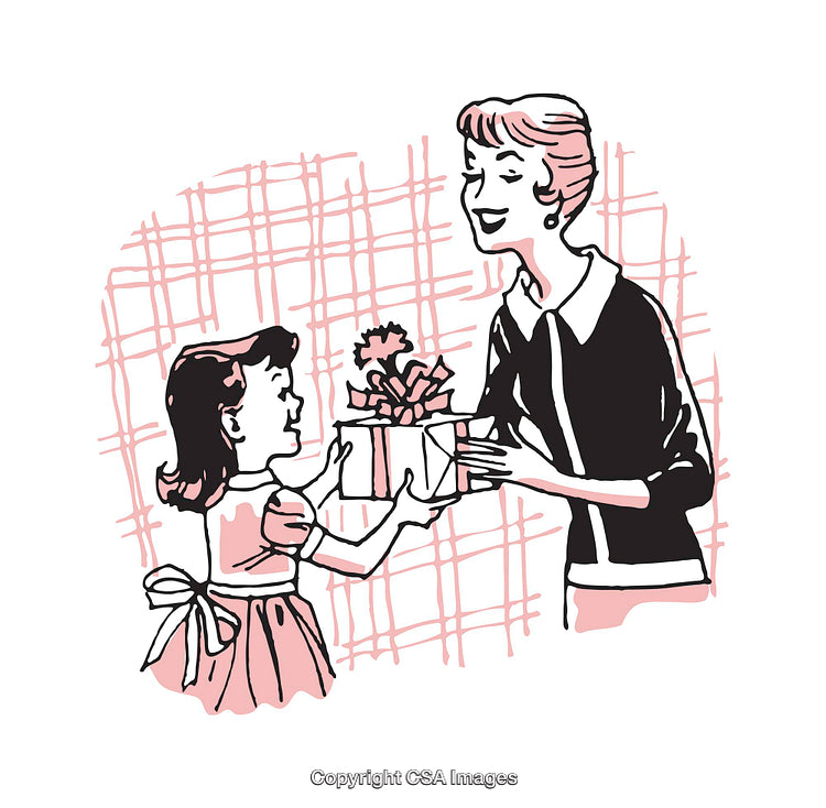 Vintage Illustration of a Girl Giving a Gift to a Smiling Woman