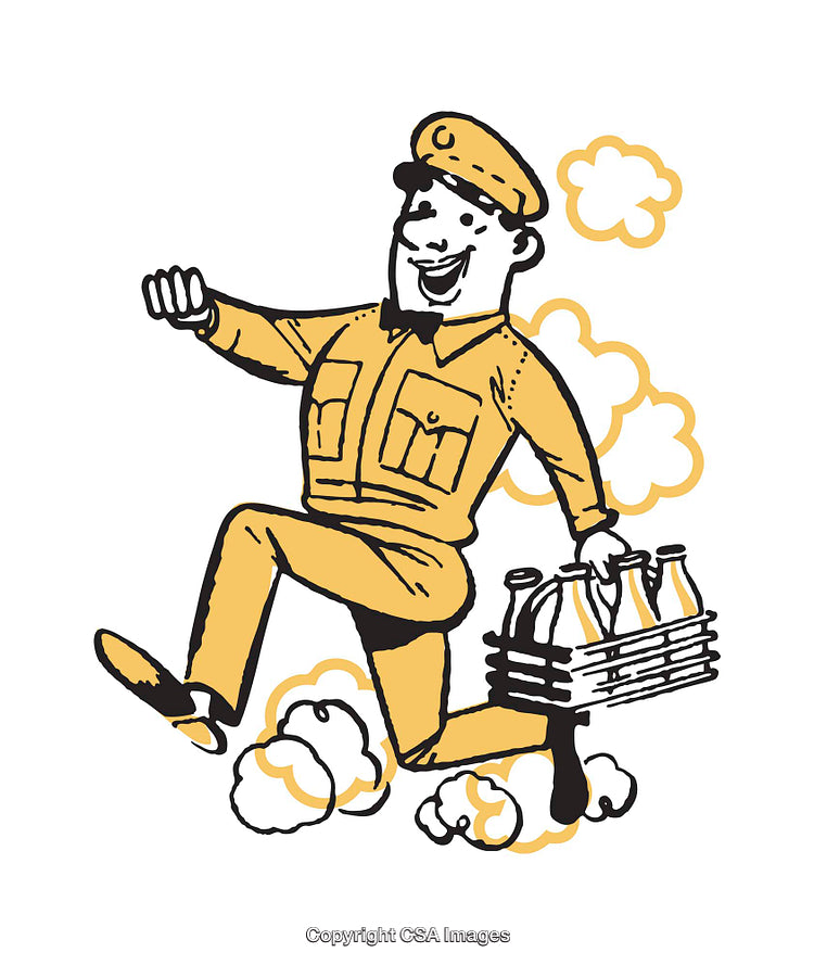 Cheerful Cartoon Milkman Running with Bottles in a Playful Illustration