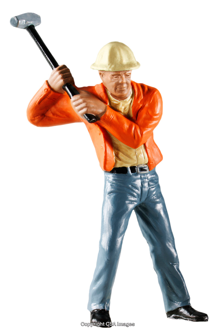 Plastic Worker Figure Holding Sledgehammer in Action Pose