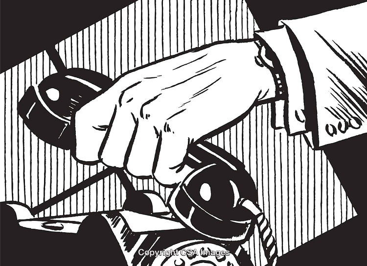 Monochrome Illustration of Hand Holding Telephone Receiver in Retro Style