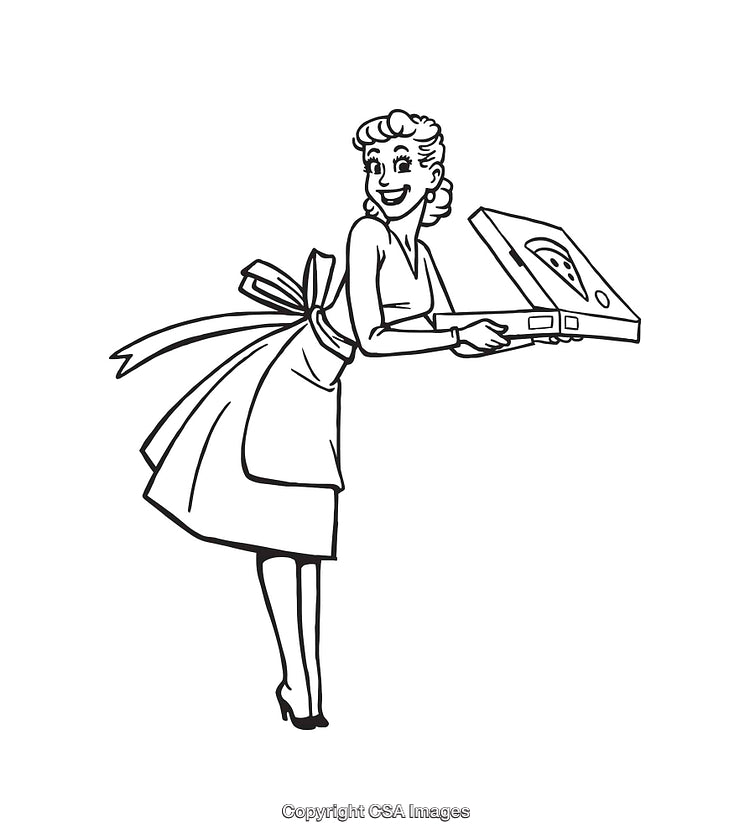 Retro Line Art Woman Holding Pizza Box in Apron Illustration