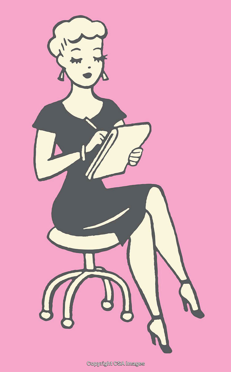 Retro Style Illustration of a Woman Writing on Pink Background