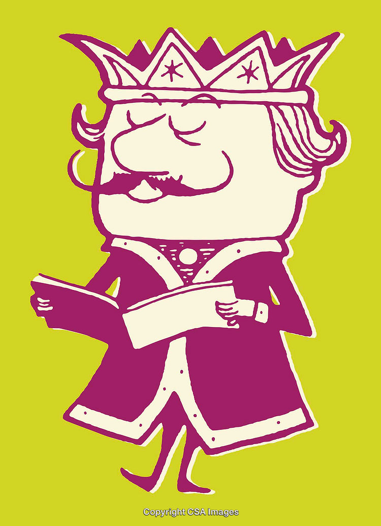 Colorful Line Art Illustration of a Whimsical King Reading a Book