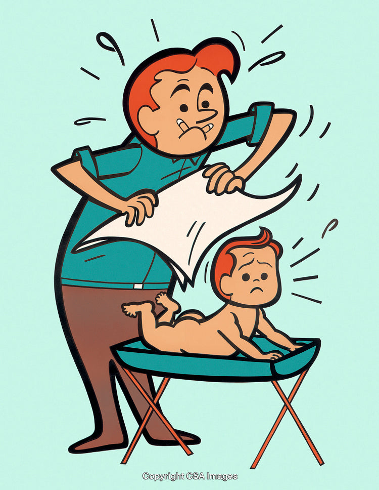 Humorous Illustration of a Parent Changing a Baby's Diaper