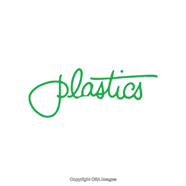 Green Handwritten "Plastics" Text on a White Background