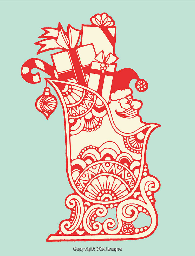 Intricate Line Art of Santa's Sleigh with Gifts and Festive Decorations