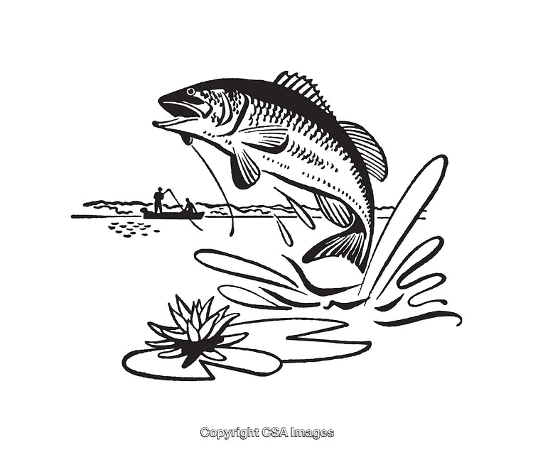 Black and White Line Art of Fishing Scene with Jumping Fish and Landscape