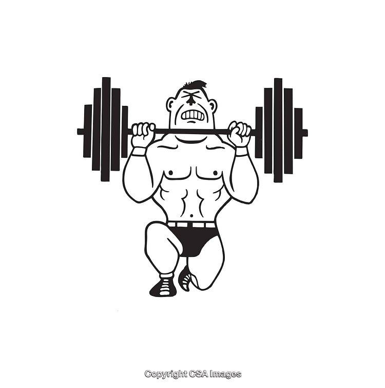 Black and White Line Art of a Weightlifter Squatting with Barbell