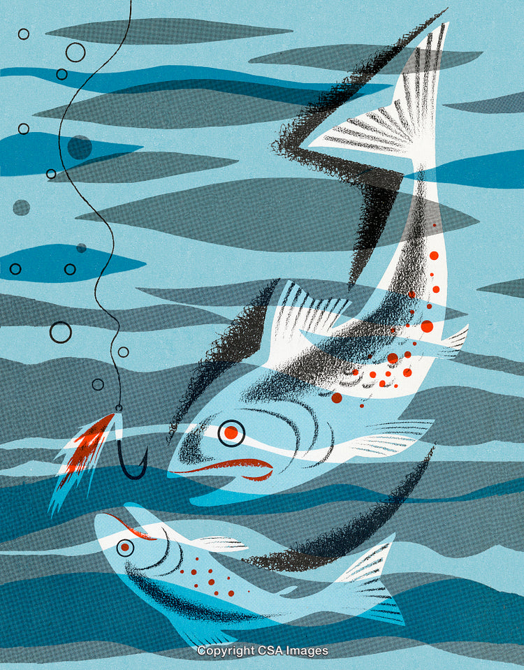 Artistic Illustration of Fish and Fishing Hook in a Vibrant Aqua Environment
