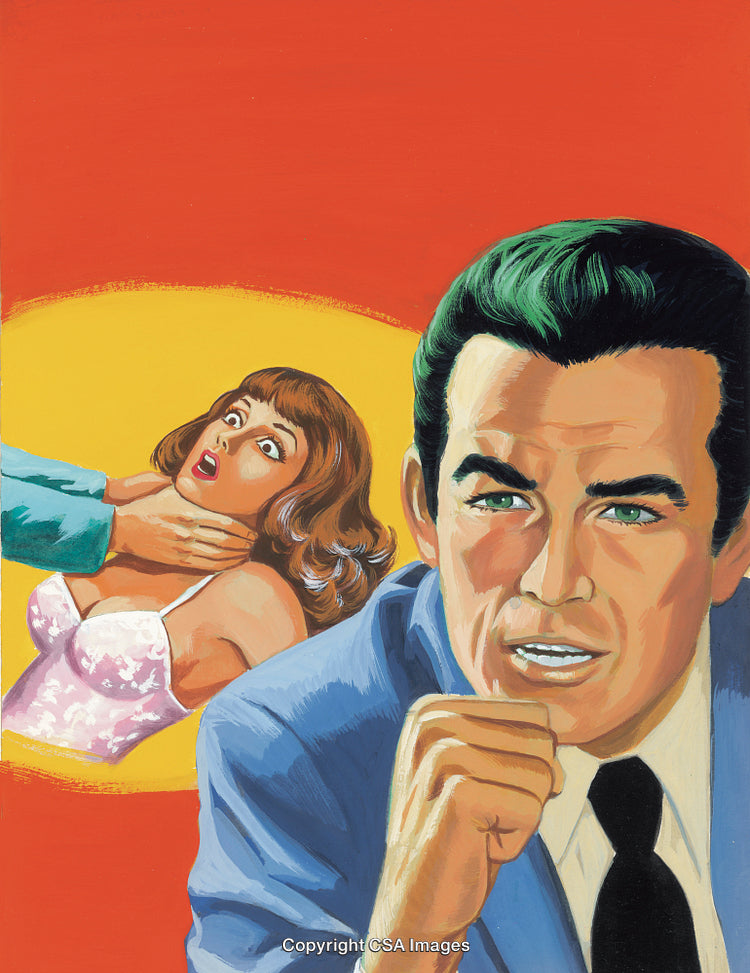 Vintage Thriller Illustration Depicting Tense Conflict and Dramatic Tensions
