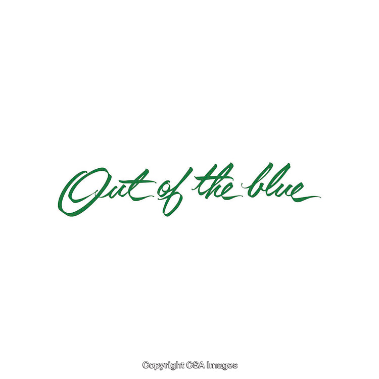Out of the Blue Text in Green Calligraphy on White Background