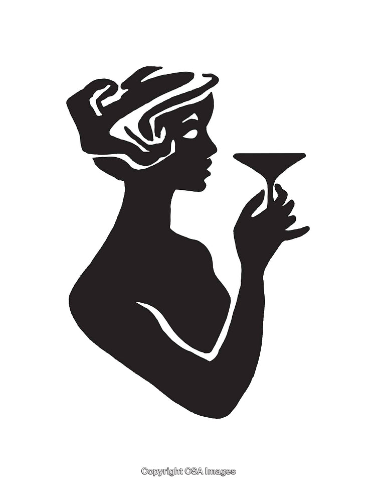 Elegant Woman Silhouette Holding a Cocktail Glass in Black and White Art