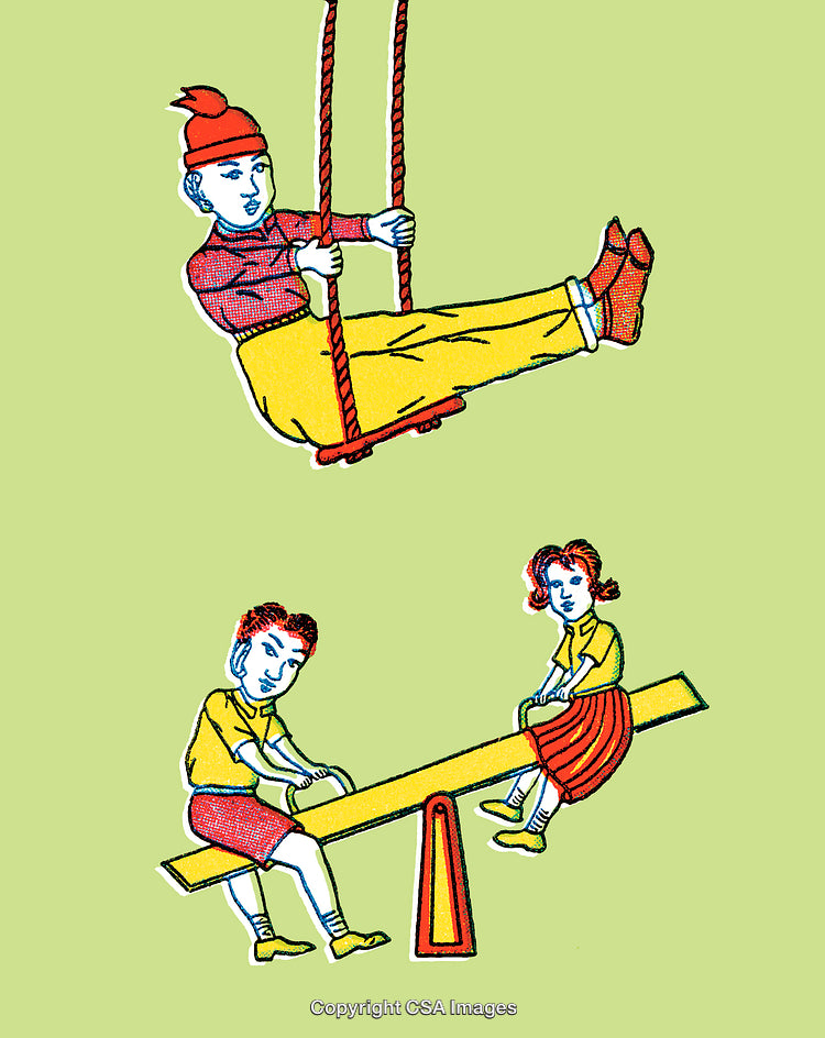 Vintage Illustration of Children Playing on Swings and See-Saw in Playground