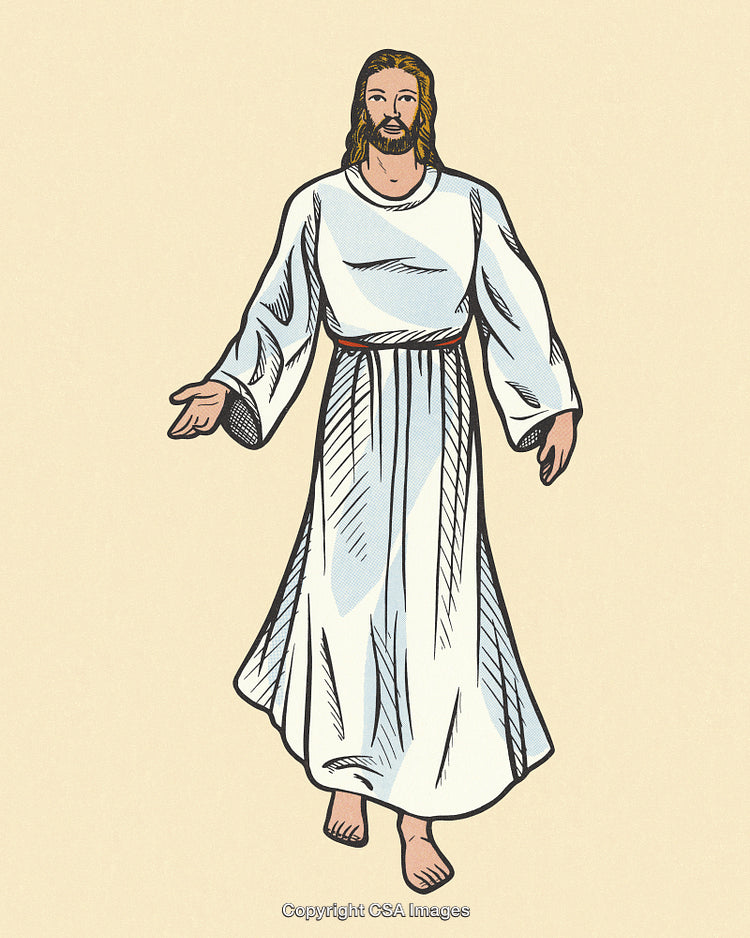 Illustration of a Bearded Man in a White Robe with Open Arms