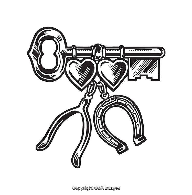 Black And White Line Art Key With Heart, Horseshoe, And Wishbone Charms
