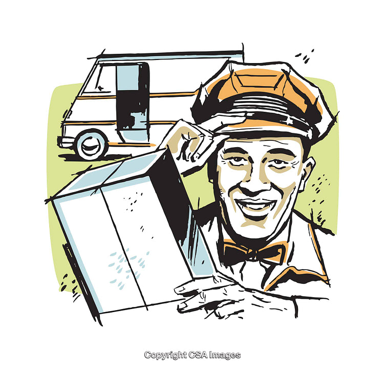 Vintage Illustration of Happy Delivery Service Worker Carrying a Package
