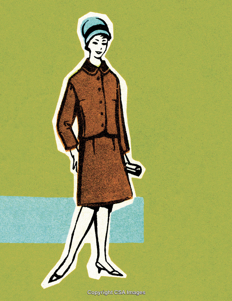 Retro Illustration of a Woman in Fashionable Attire on Green Background