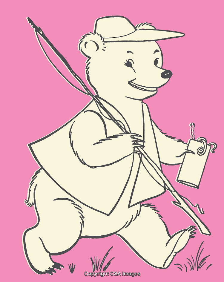 Playful Bear Cartoon Illustration Holding Fishing Gear on Pastel Background