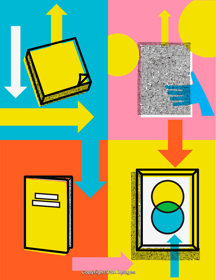 Colorful Abstract Illustration Featuring Arrows, Books, and Geometric Shapes