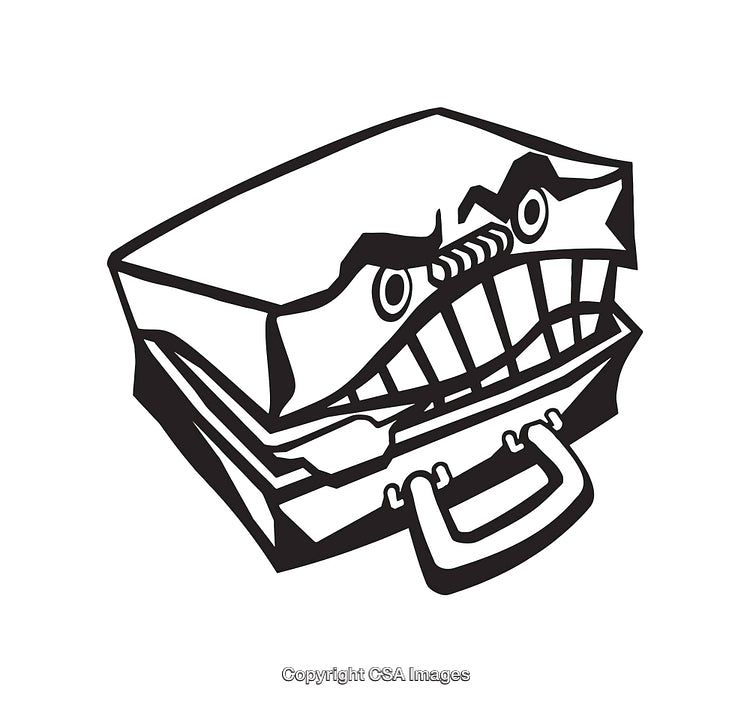 Black and White Line Art Illustration of a Characterized Fierce Briefcase