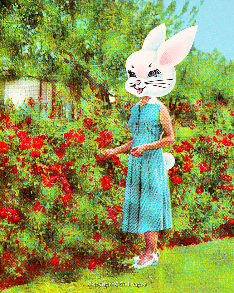 Surreal Portrait of a Person in a Bunny Mask in a Garden