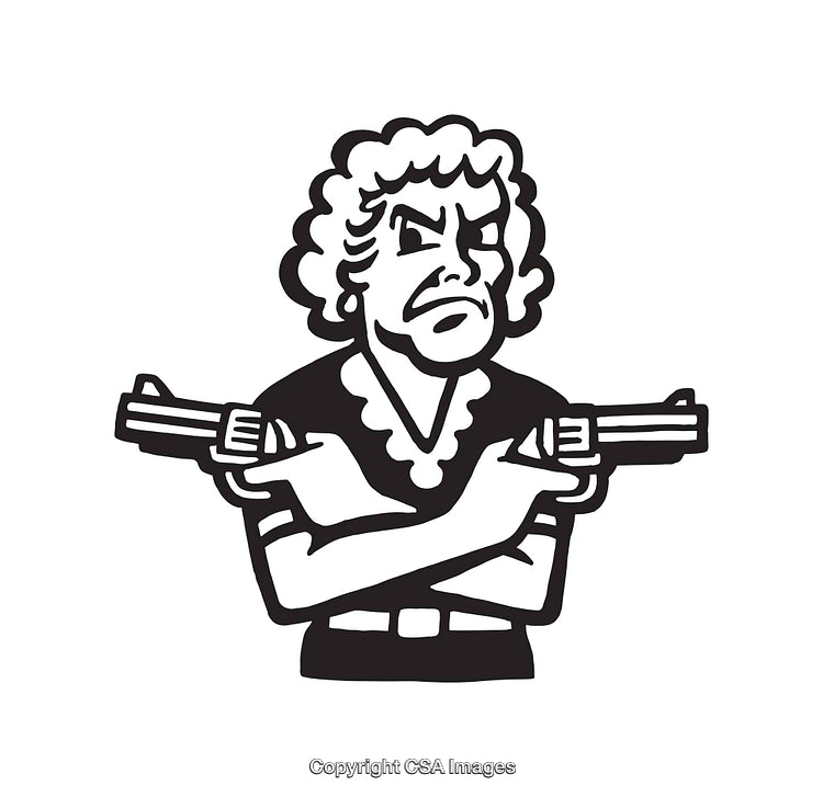 Black and White Line Art of a Woman Holding Guns With Determined Expression