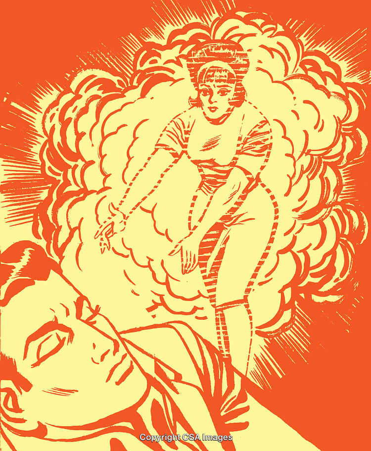 Retro Illustration of a Genie Emerging from Smoke Before a Bewildered Man
