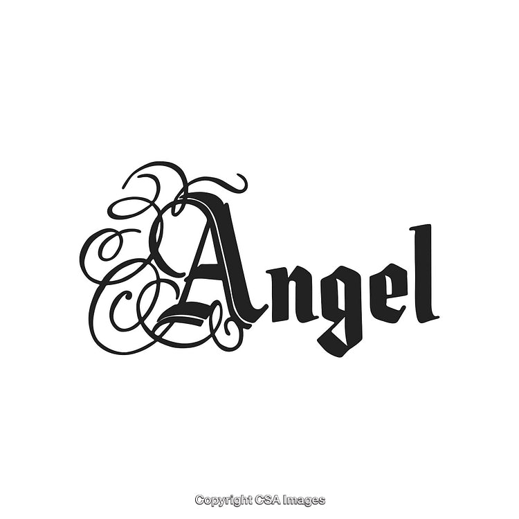 Elegant Angel Word Design in Ornate Gothic Typography with Calligraphic Details
