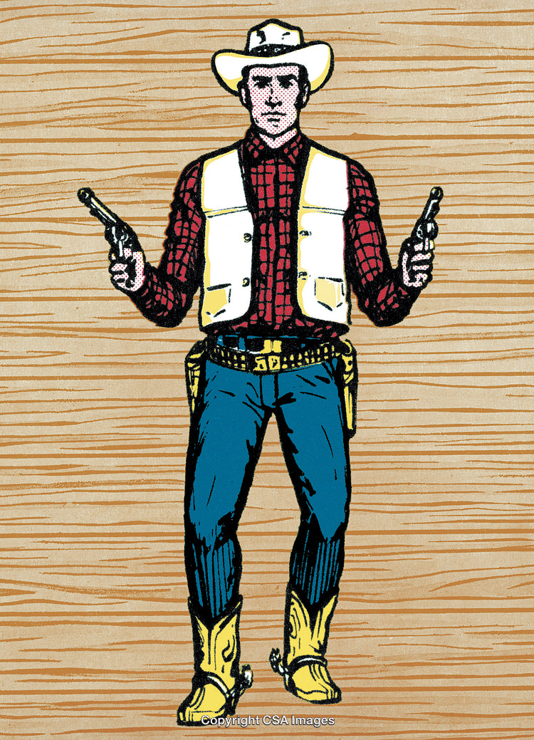 Western Style Cowboy Graphic With Pistols and Traditional Outfit