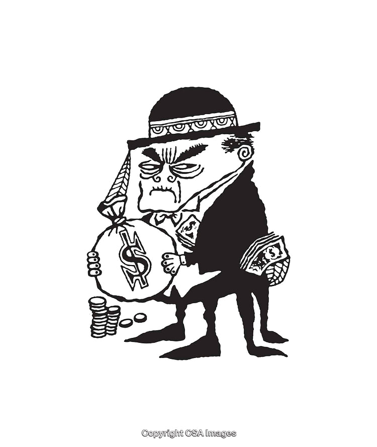 Cartoon Illustration of a Greedy Businessman Holding a Money Bag